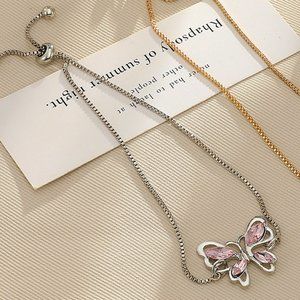 3/$35 Pink Butterfly Charm Pendant Silver Chain Bracelet Copper Crystal Jewelry